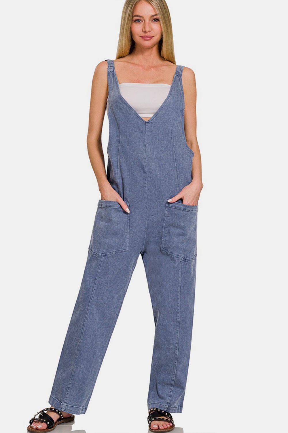 Dim Gray Zenana Pocketed Wide Strap Jumpsuit