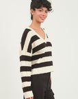 HYFVE Contrast Striped Cropped V-Neck Sweater