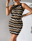 Gray Openwork Striped Spaghetti Strap Knit Dress