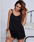 Gathered Detail Spliced Mesh Sleeveless Top and Shorts Lounge Set