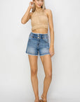 Light Gray RISEN High Rise Seam Detailed Raw Edge Denim Shorts