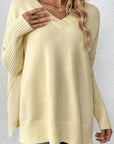 Slit V-Neck Dropped Shoulder Sweater