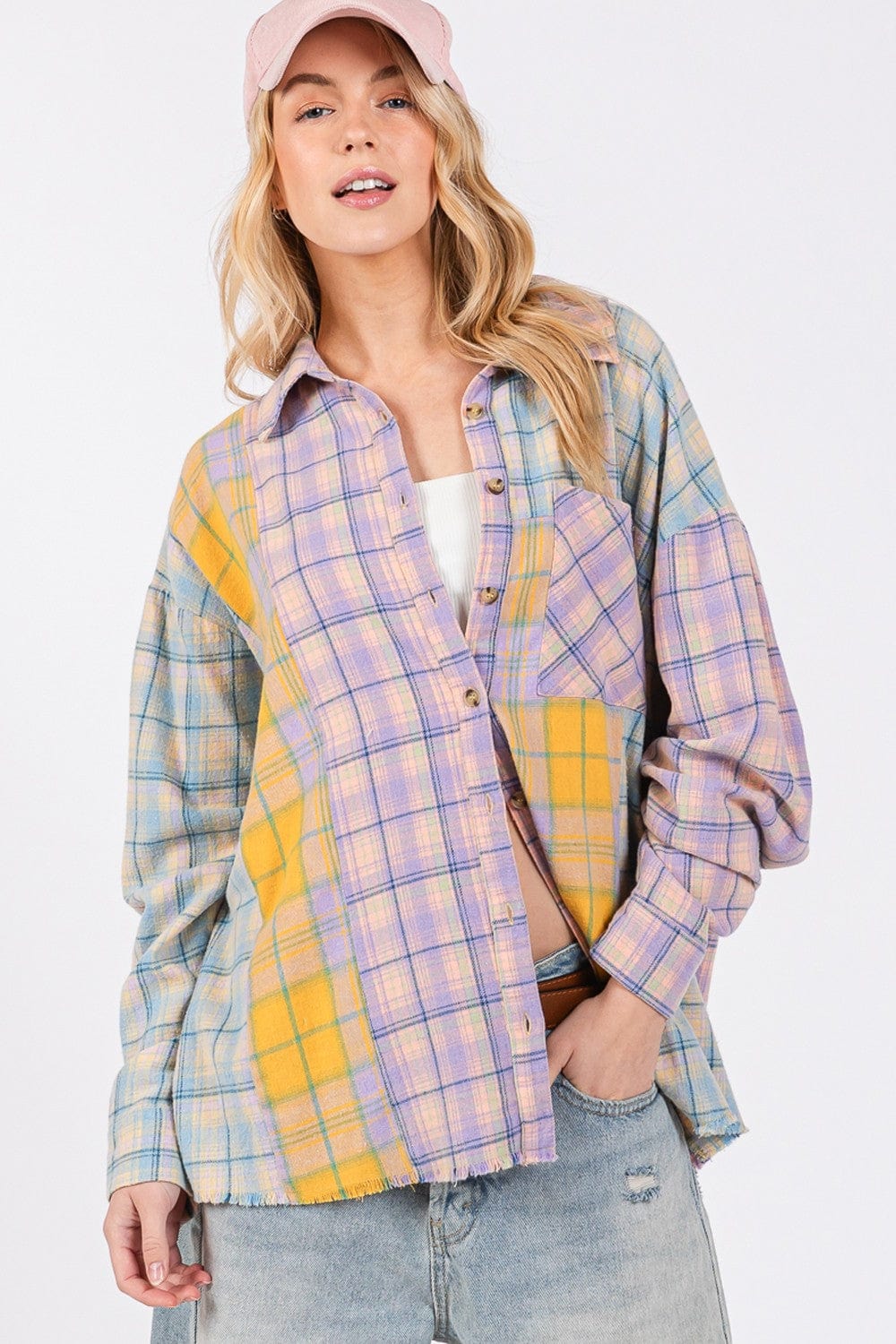 Light Gray SAGE + FIG Button Up Raw Hem  Plaid Flannel Shirt