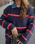 Contrast Stripes Round Neck Long Sleeve Sweater