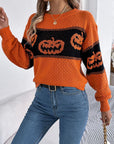 Pumpkin Round Neck Long Sleeve Sweater