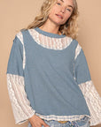 POL Lace Panel Round Neck Long Sleeve Top