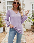 Eyelet Notched Neck Balloon Sleeve Blouse