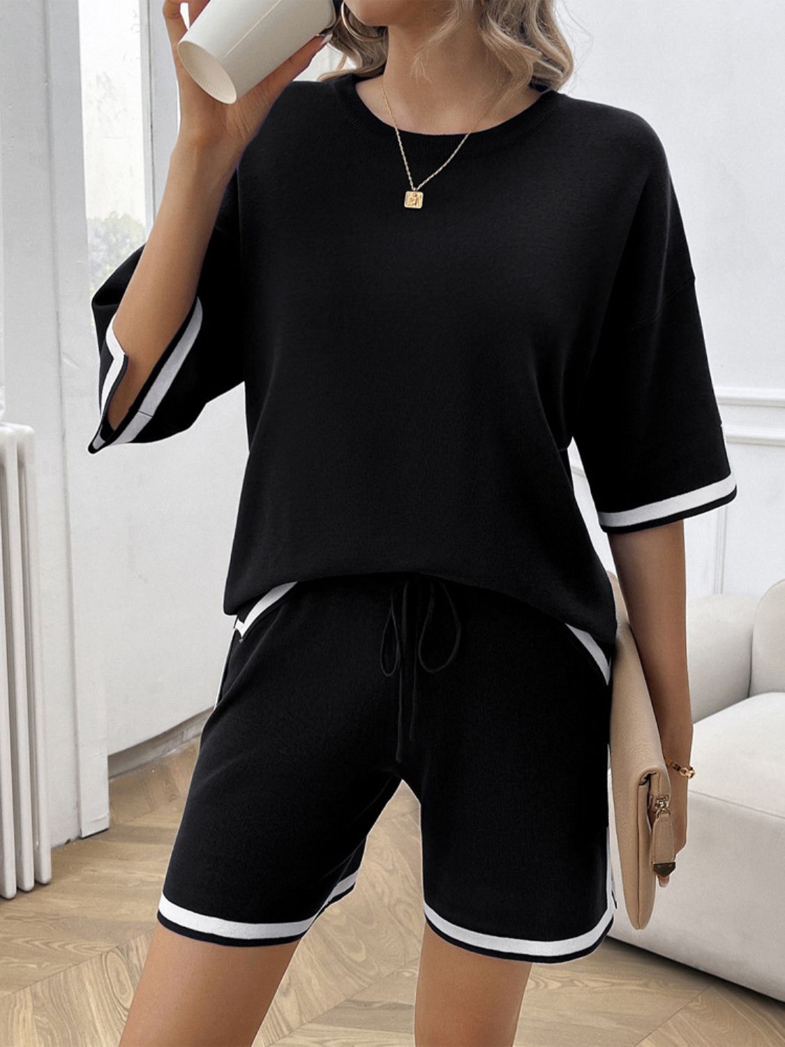 Black Contrast Trim Round Neck Top and Shorts Set Sentient Beauty Fashions Apaparel & Accessories