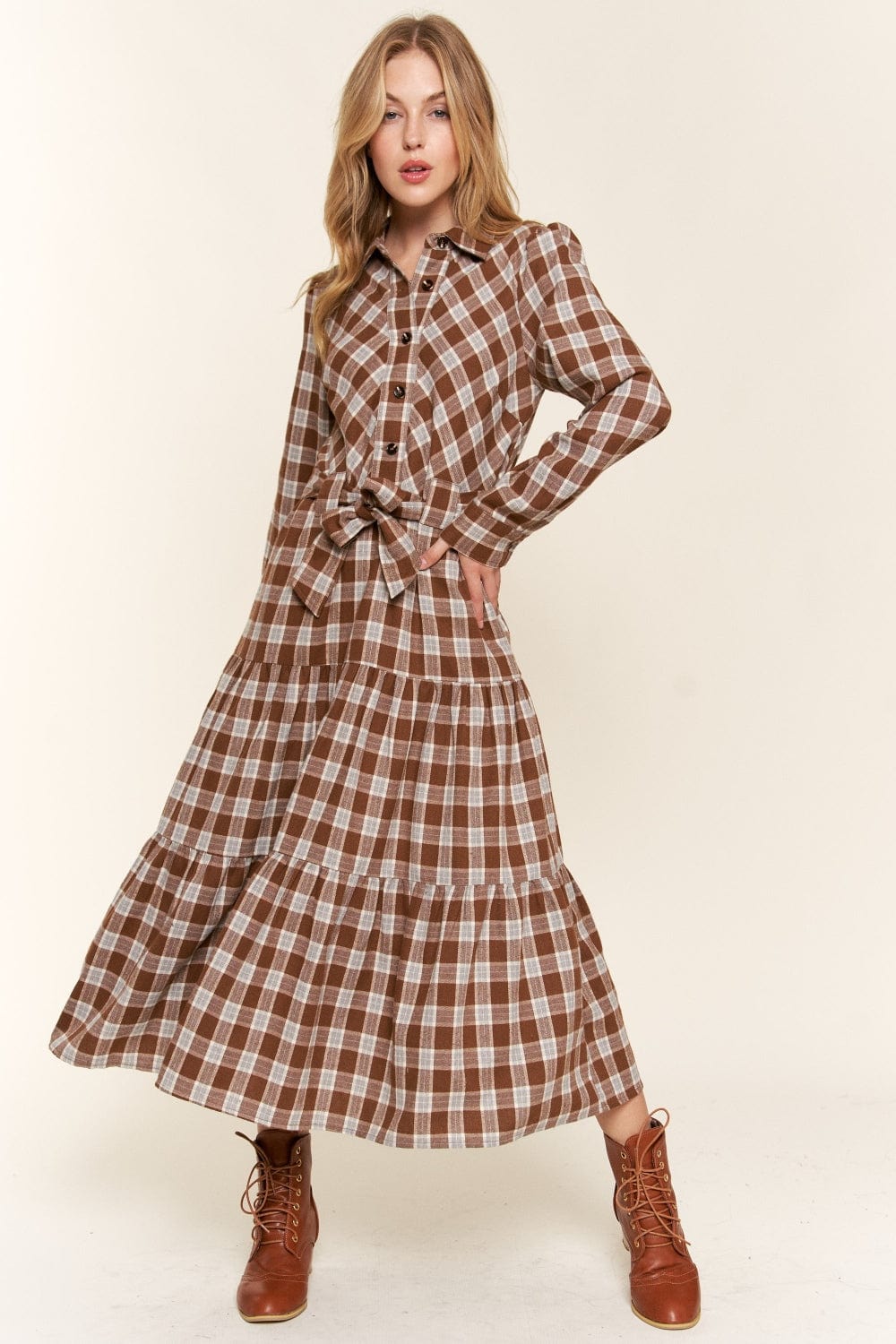 Antique White And the Why Plaid Tiered Midi Shirt Dress