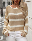 Gray Striped Round Neck Long Sleeve Sweater