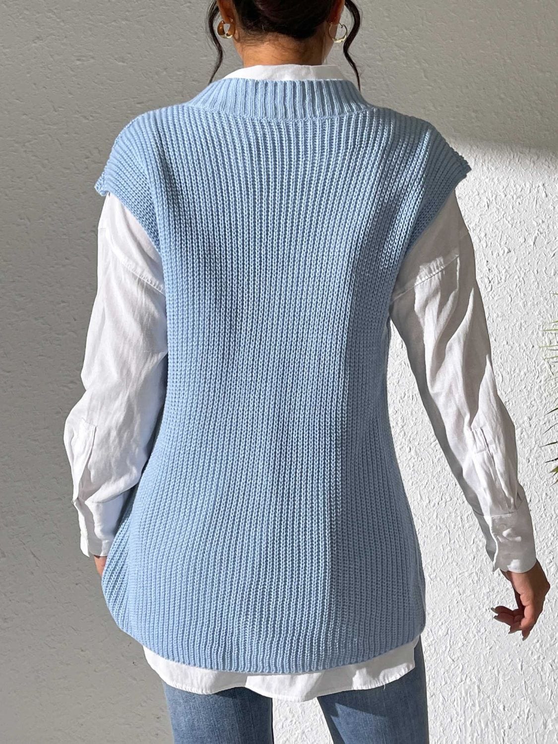 Light Slate Gray Pearl Trim V-Neck Sweater Vest