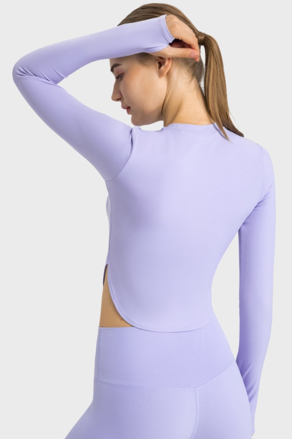 Light Gray Side Slit Long Sleeve Round Neck Crop Top Sentient Beauty Fashions Apaparel &amp; Accessories