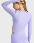 Light Gray Side Slit Long Sleeve Round Neck Crop Top Sentient Beauty Fashions Apaparel & Accessories