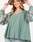 Dark Sea Green SAGE + FIG Ruched Round Neck Printed Bubble Sleeve Top Sentient Beauty Fashions Apparel & Accessories