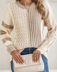 Cable-Knit Color Block Round Neck Sweater