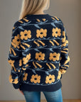 Flower Contrast Round Neck Long Sleeve Sweater