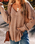 Rosy Brown Openwork V-Neck Dropped Shoulder Sweater