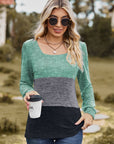 Color Block Square Neck Long Sleeve T-Shirt