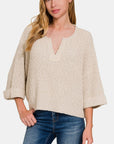 Zenana Notched Side Slit Patch Sweater