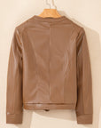 PU Leather Round Neck Long Sleeve Jacket