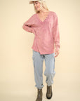 VERY J Washed V-Neck Exposed Seam Knit Top