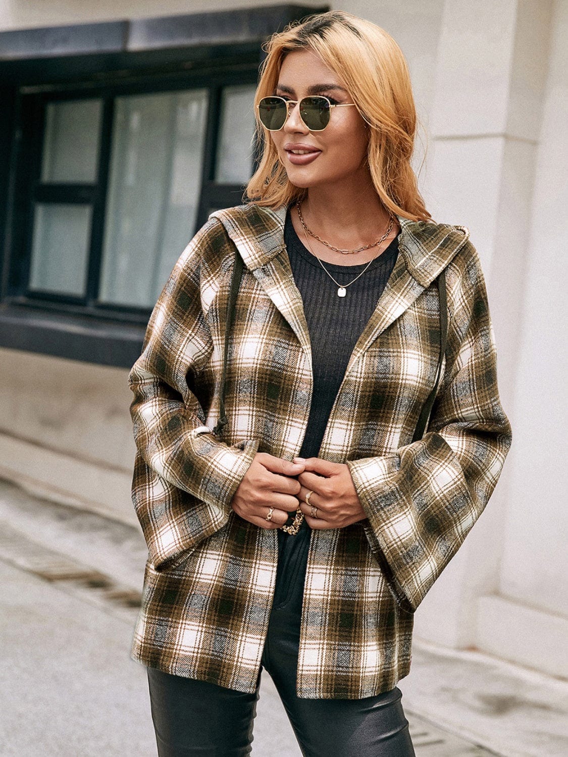 Gray Pocketed Plaid Long Sleeve Hooded Jacket