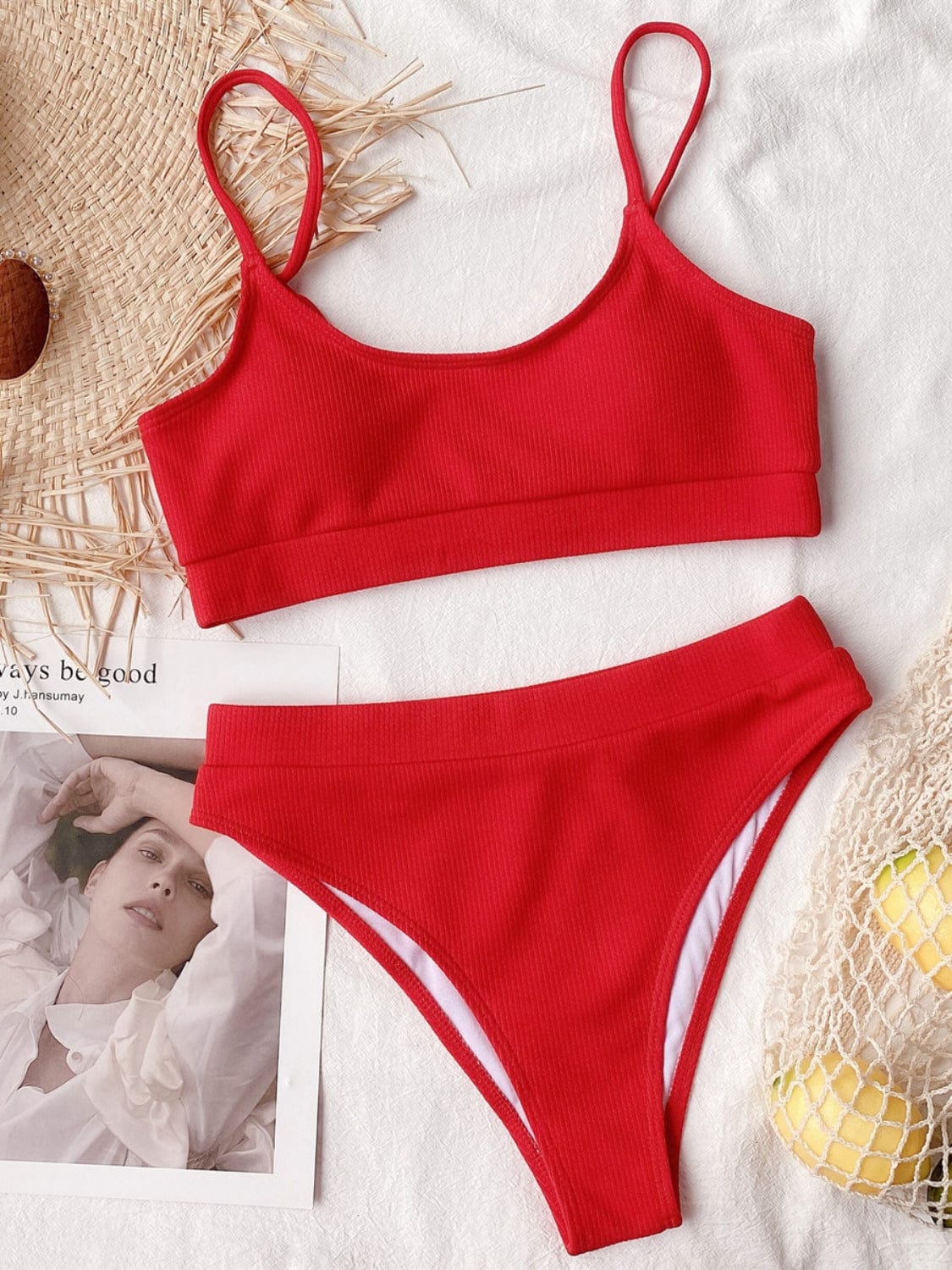 Firebrick Scoop Neck Spaghetti Strap Two-Piece Swim Set Sentient Beauty Fashions Apparel &amp; Accessories