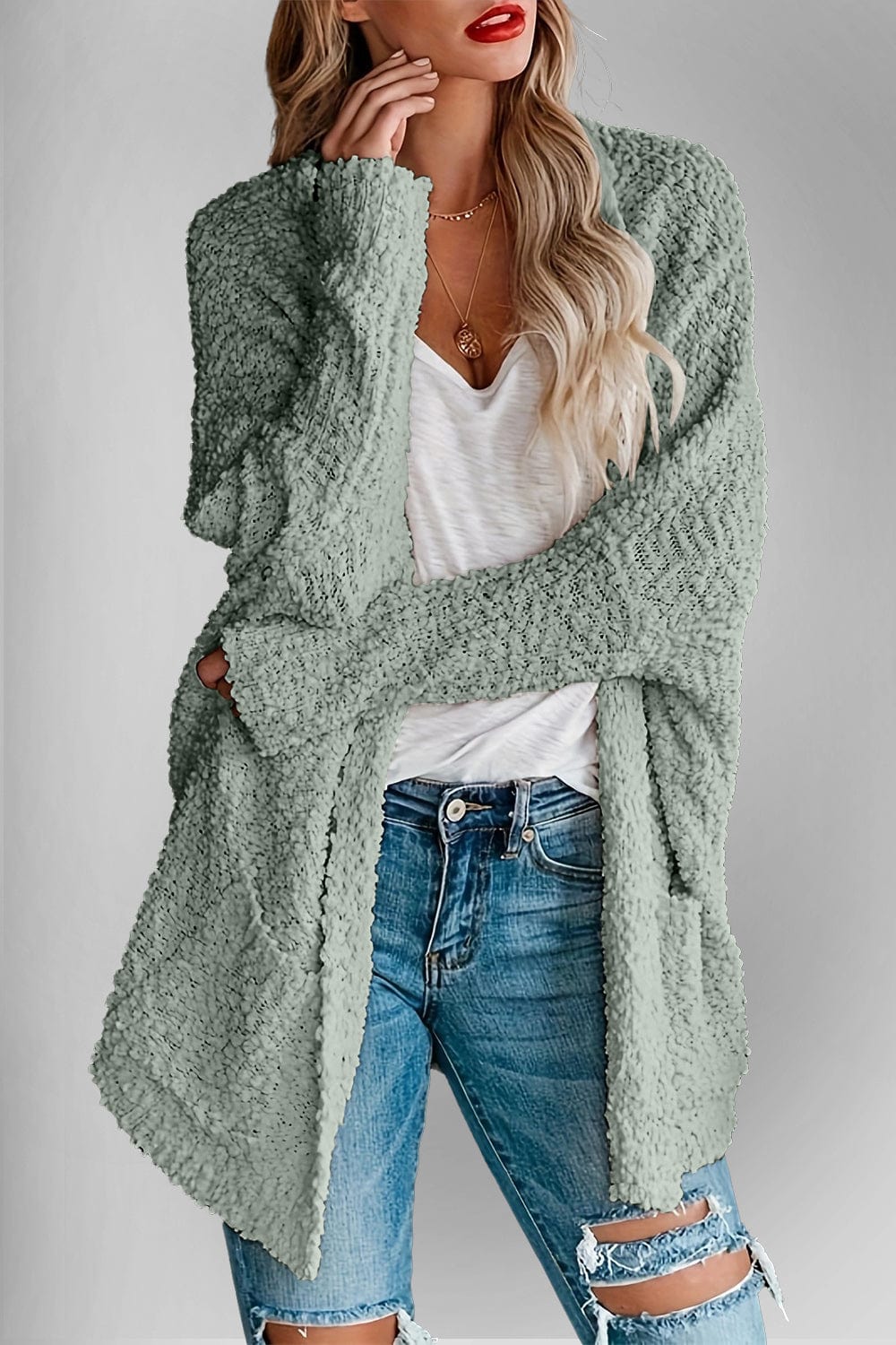 Double Take Pocketed Open Front Long Sleeve Cardigan