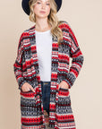 BOMBOM Geometric Open Front Long Sleeve Cardigan with Pockets