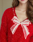 Bow Pearl Detail V-Neck Long Sleeve Sweater