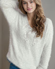 Bow Pearl Detail V-Neck Long Sleeve Sweater