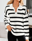 Many Striped Johnny Collar Long Sleeve Sweater