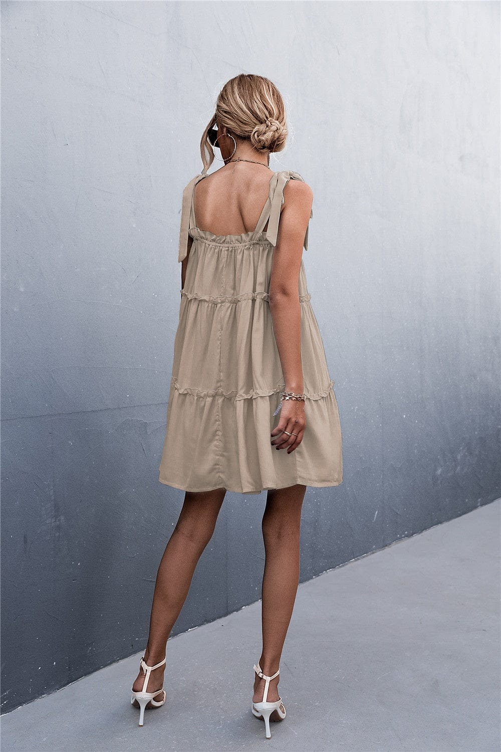 Dark Gray Frill Tiered Tie Shoulder Mini Cami Dress