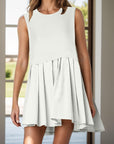 Light Gray Pleated Round Neck Sleeveless Mini Dress