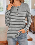 Lovelet Quarter Button Striped Round Neck Long Sleeve T-Shirt