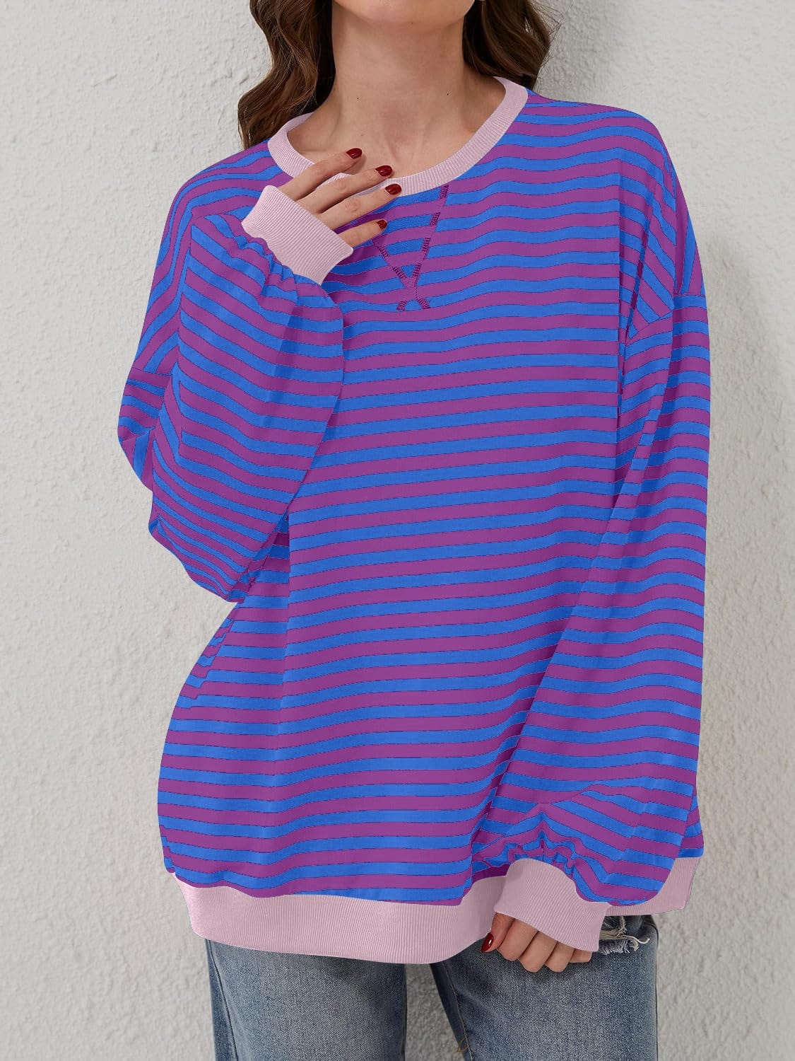 Gray Contrast Striped Long Sleeve Sweatshirt