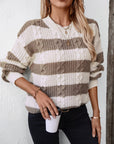 Gray Striped Round Neck Long Sleeve Sweater