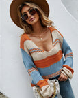 Angel Wings Color Block V-Neck Dropped Shoulder Sweater