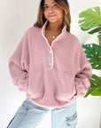 Half Snap Long Sleeve Sweatshirt with Side Slit Pockets