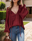 Ruched Tie Neck Balloon Sleeve Blouse