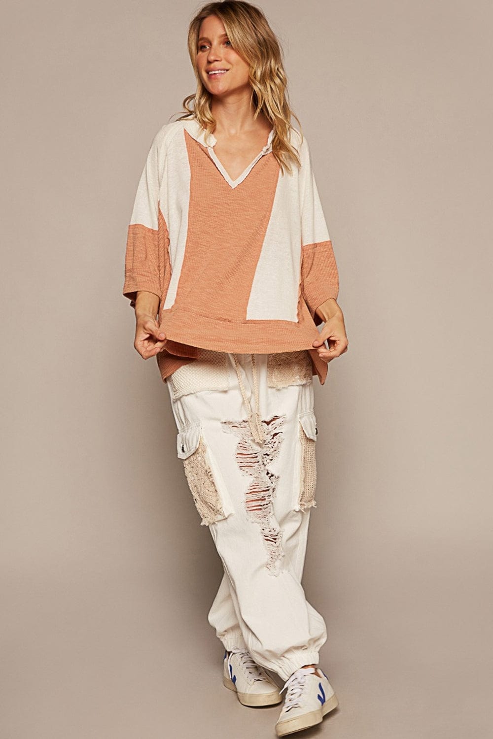 Tan POL Notched Frayed Edge Contrast Top