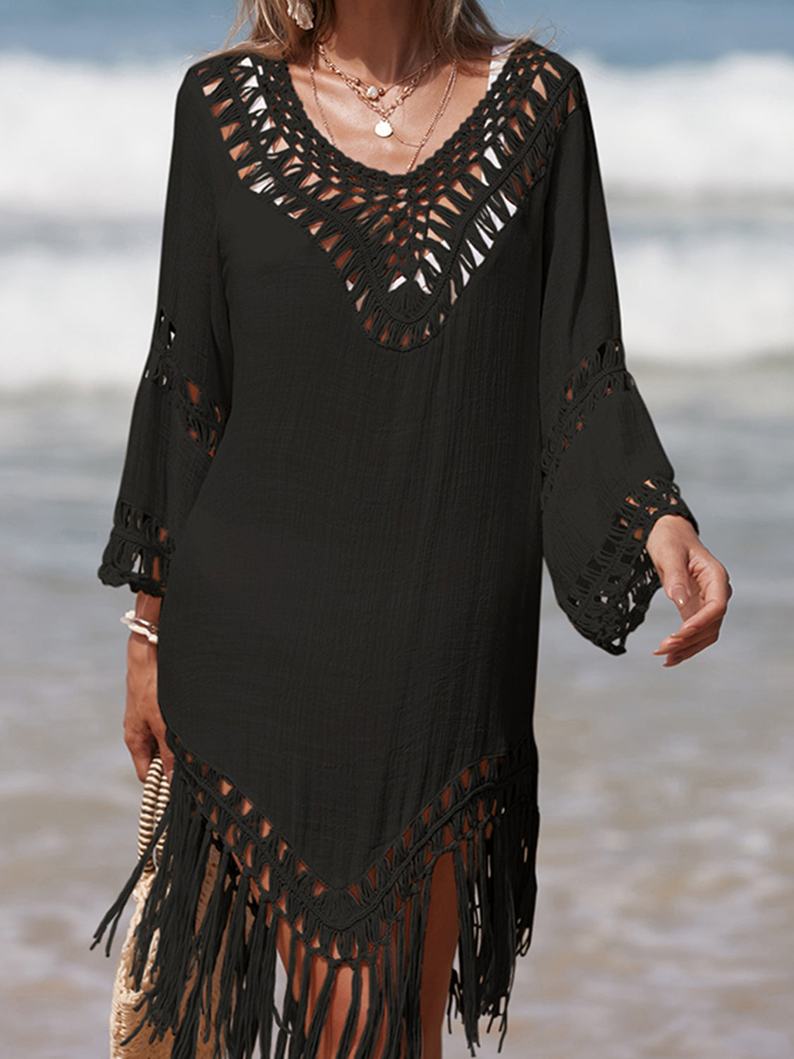Dark Gray Cutout Fringe Scoop Neck Cover-Up Sentient Beauty Fashions Apparel &amp; Accessories