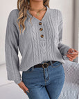 Cable-Knit V-Neck Long Sleeve Sweater