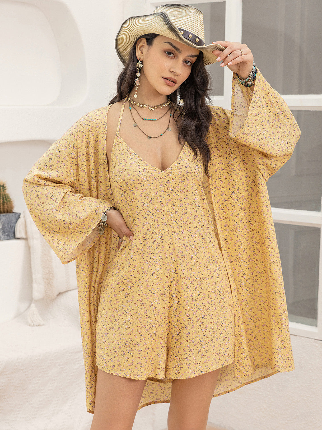 Tan Printed Halter Neck Romper and Cover Up Set Sentient Beauty Fashions Apparel & Accessories