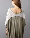 Light Slate Gray POL Oversize V-Neck Crochet Lace Contrast Studded Top