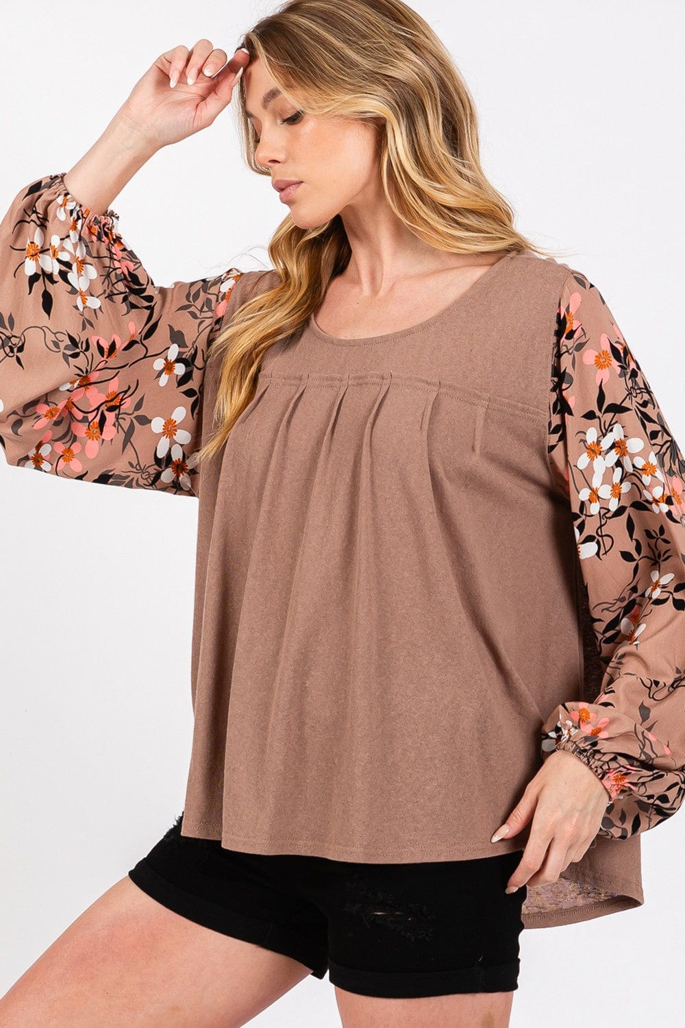 Rosy Brown SAGE + FIG Floral Long Sleeve Front Pleated Detail Blouse