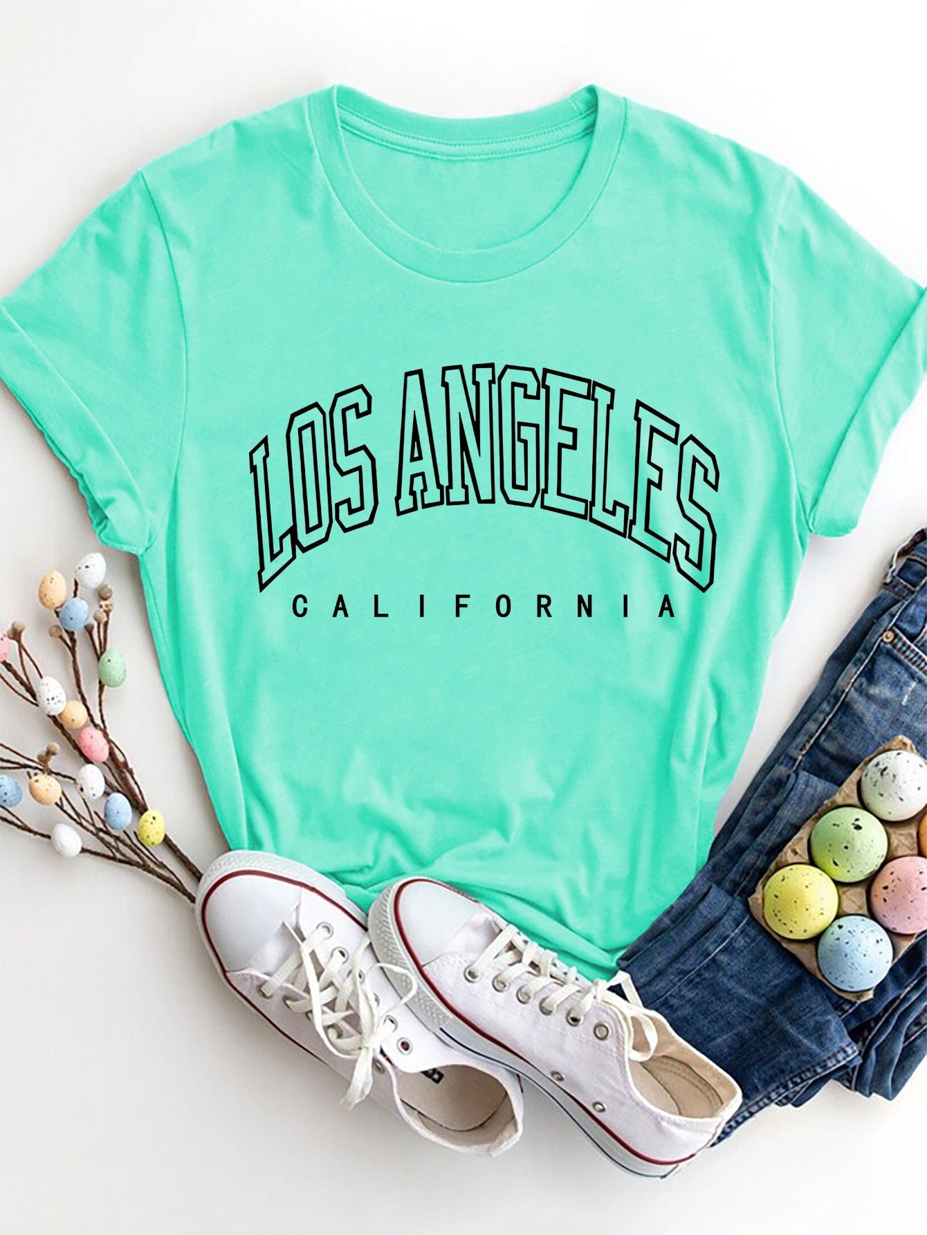 Aquamarine LOS ANGELES CALIFORNIA Round Neck T-Shirt