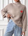 Heart Turtleneck Dropped Shoulder Long Sleeve Sweater