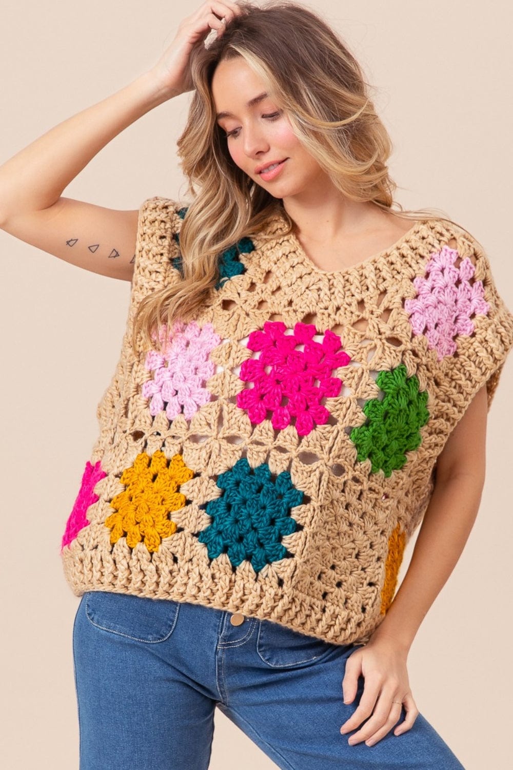 Wheat BiBi Granny Square Openwork Sweater Vest