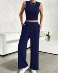 Midnight Blue Mock Neck Sleeveless Top and Drawstring Pants Set